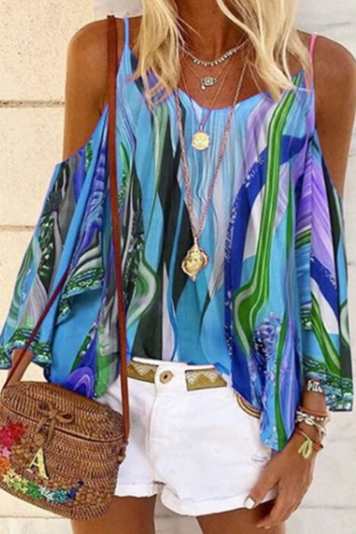 Tribal Print Cold Shoulder Tops For Women - Image 4