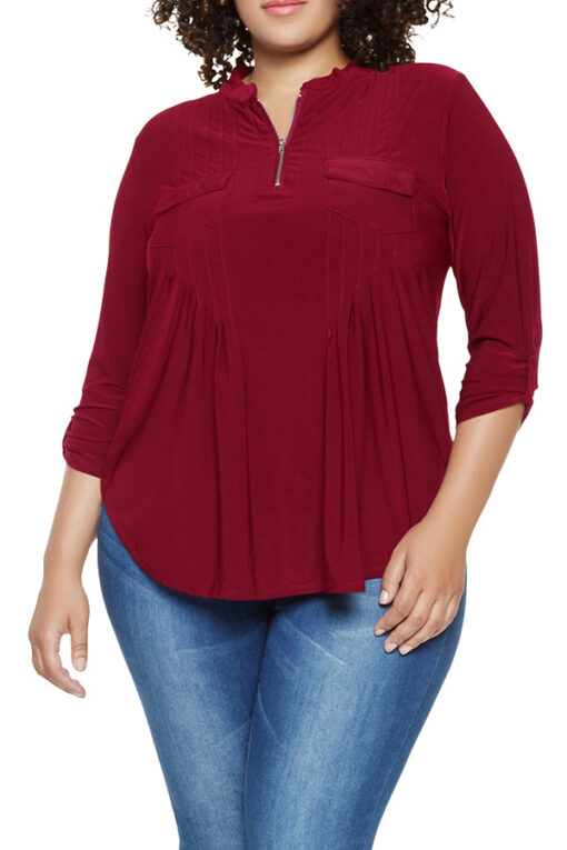 Plus Size 3/4 Sleeve Zip Up Pleated Loose Plain Blouse Ruby