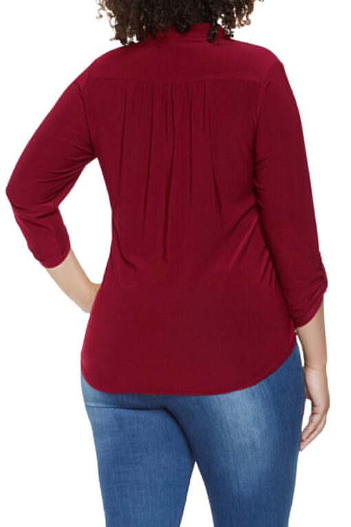 Plus Size 3/4 Sleeve Zip Up Pleated Loose Plain Blouse Ruby - Image 2