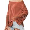 Solid Crochet Long Sleeve Off Shoulder Blouse Tangerine