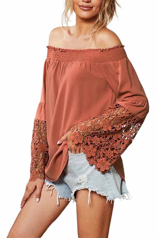 Solid Crochet Long Sleeve Off Shoulder Blouse Tangerine