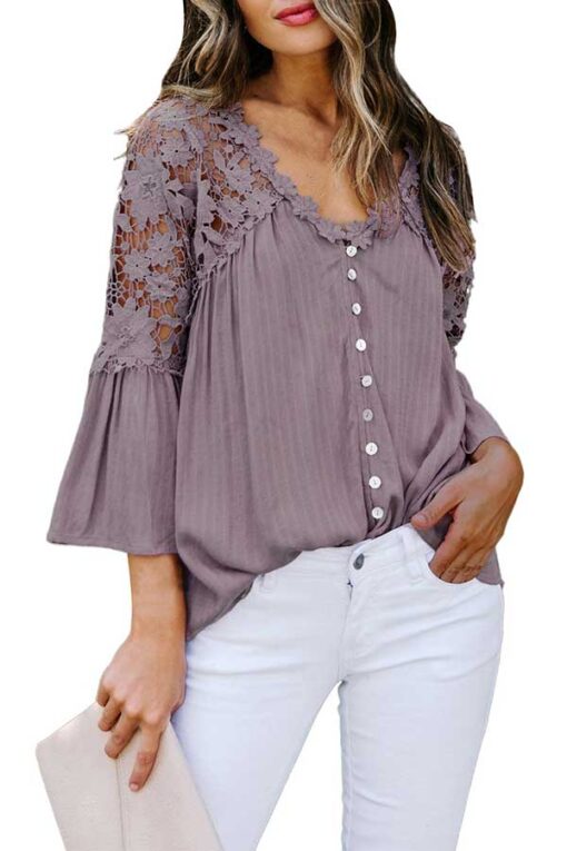 Sexy Crochet Lace Pleated Button Blouse Purple