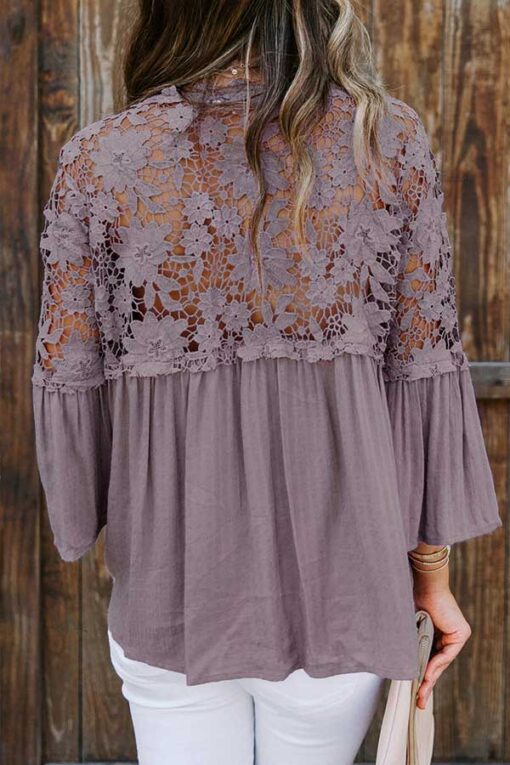 Sexy Crochet Lace Pleated Button Blouse Purple - Image 2