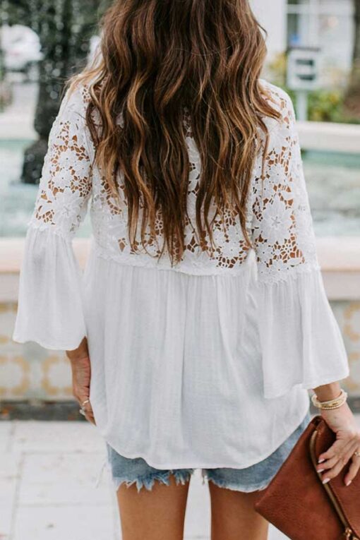V Neck 3/4 Sleeve Floral Lace Button Blouse White - Image 2