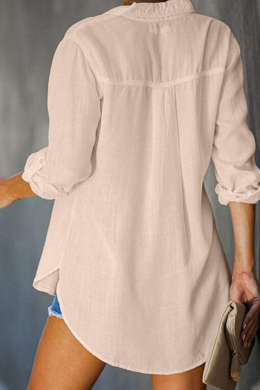 Collared Long Sleeve Butterfly Print Button Front Blouse Pink - Image 2