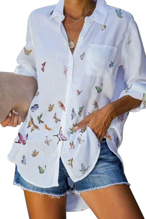 Casual Roll Up Sleeve Collared Print White Blouse With Pocket
