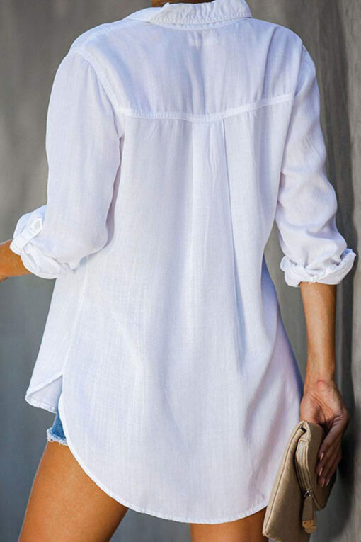 Casual Roll Up Sleeve Collared Print White Blouse With Pocket - Image 2