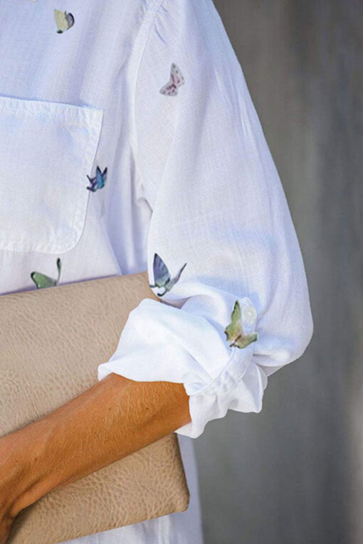 Casual Roll Up Sleeve Collared Print White Blouse With Pocket - Image 3