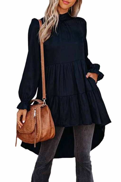 Mock Neck Ruffle High Low Long Sleeve Top Blouse