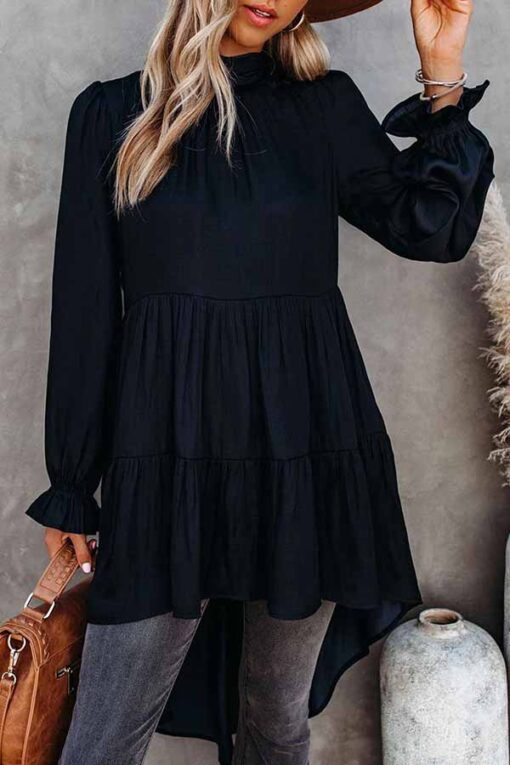 Mock Neck Ruffle High Low Long Sleeve Top Blouse - Image 2