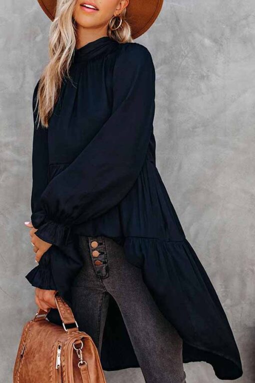 Mock Neck Ruffle High Low Long Sleeve Top Blouse - Image 3