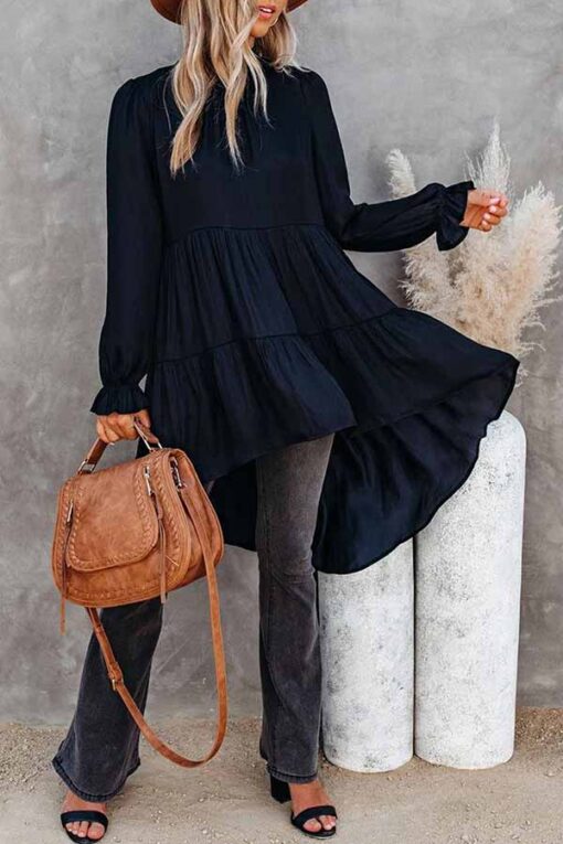 Mock Neck Ruffle High Low Long Sleeve Top Blouse - Image 4