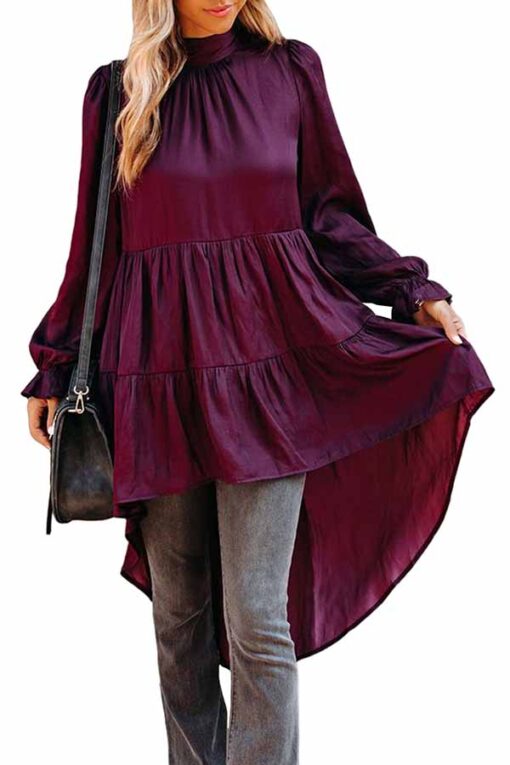 Mock Neck Ruffle Sleeve High Low Tunic Top