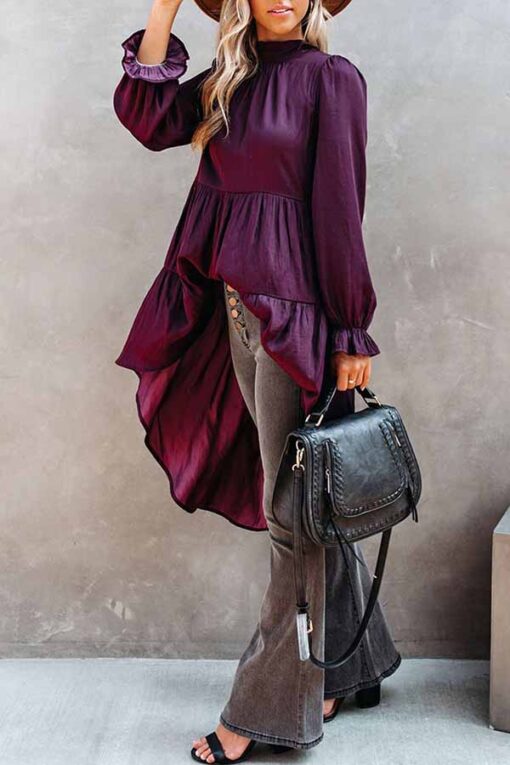 Mock Neck Ruffle Sleeve High Low Tunic Top - Image 3
